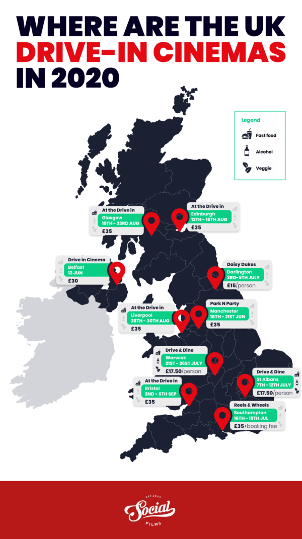 Map of the UK highlighting some of the top drive-in cinemas